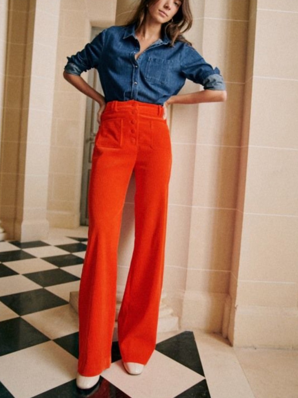 Sezane High-Waist Wide-Leg 70’s Style Trousers in Vibrant Orange